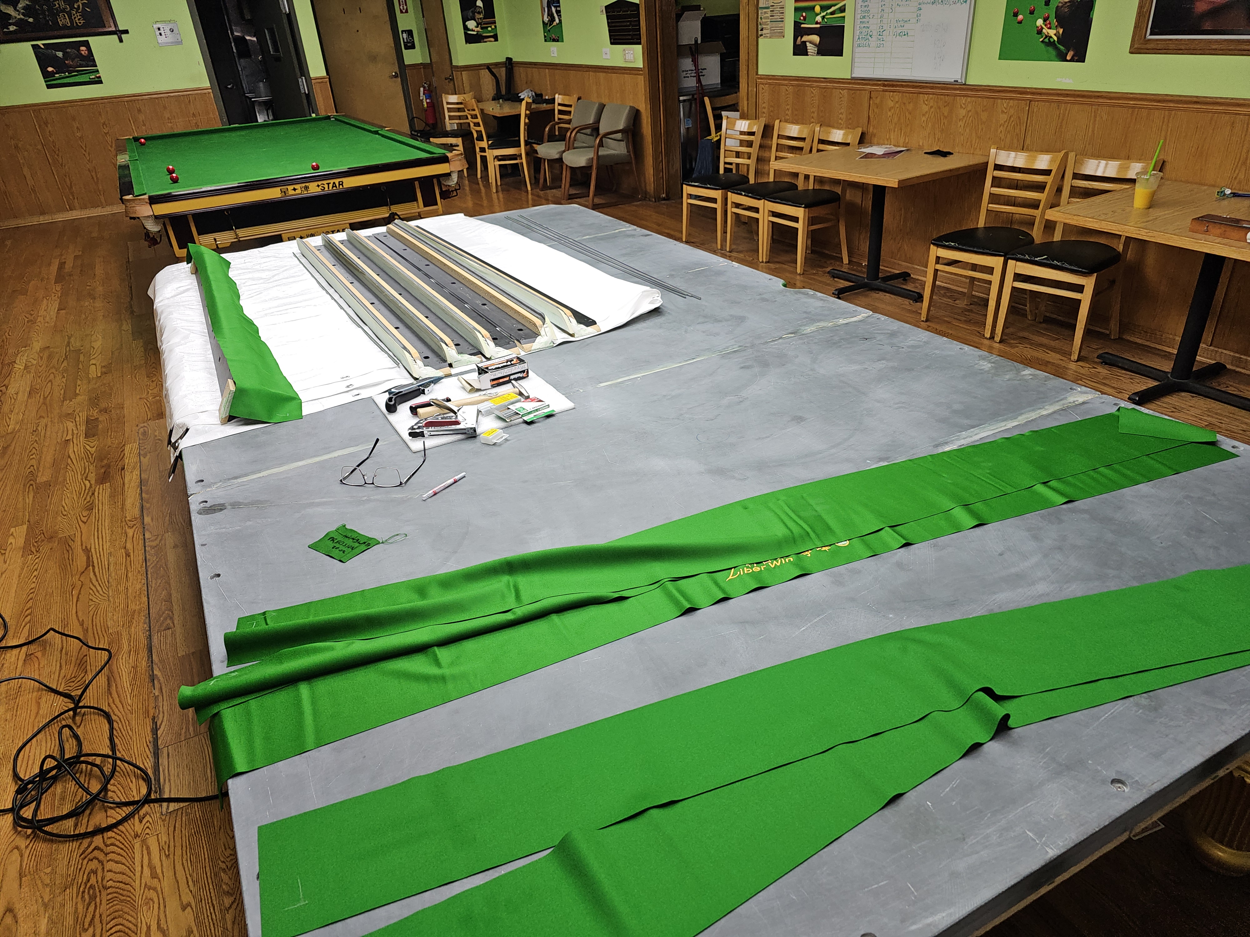Snooker table before cloth replacement
