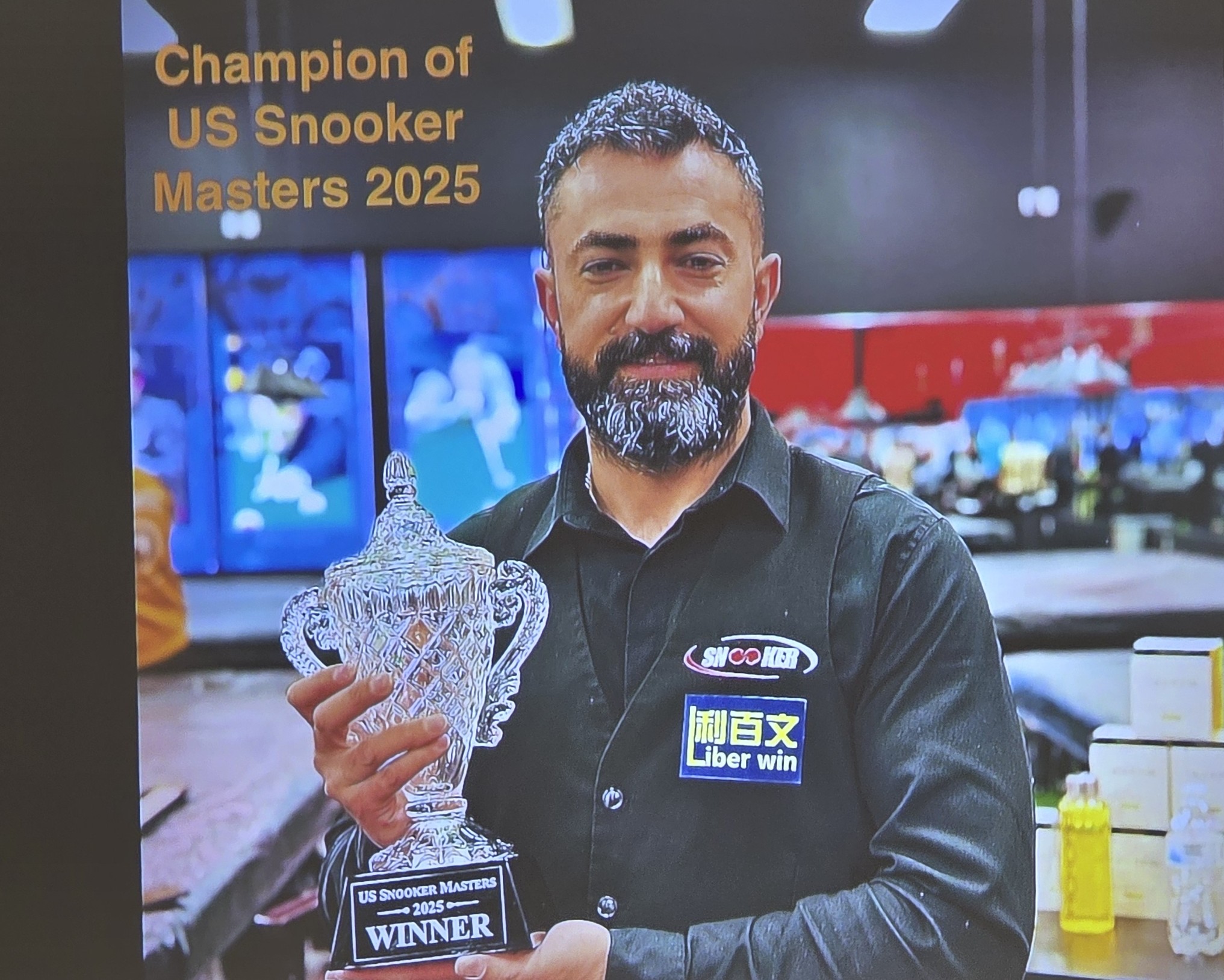 Renat Denkha with U.S. Snooker championship trophy